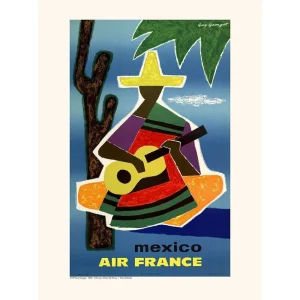 Vintage Air France poster Mexico gitaarspelende figuur
