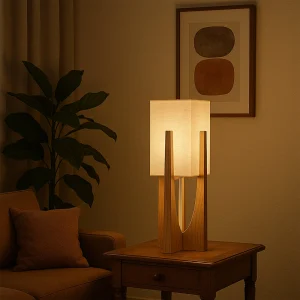 Japanse Wabi-Sabi vloerlamp | Handgemaakt | Stoffen lampenkap & houten voet