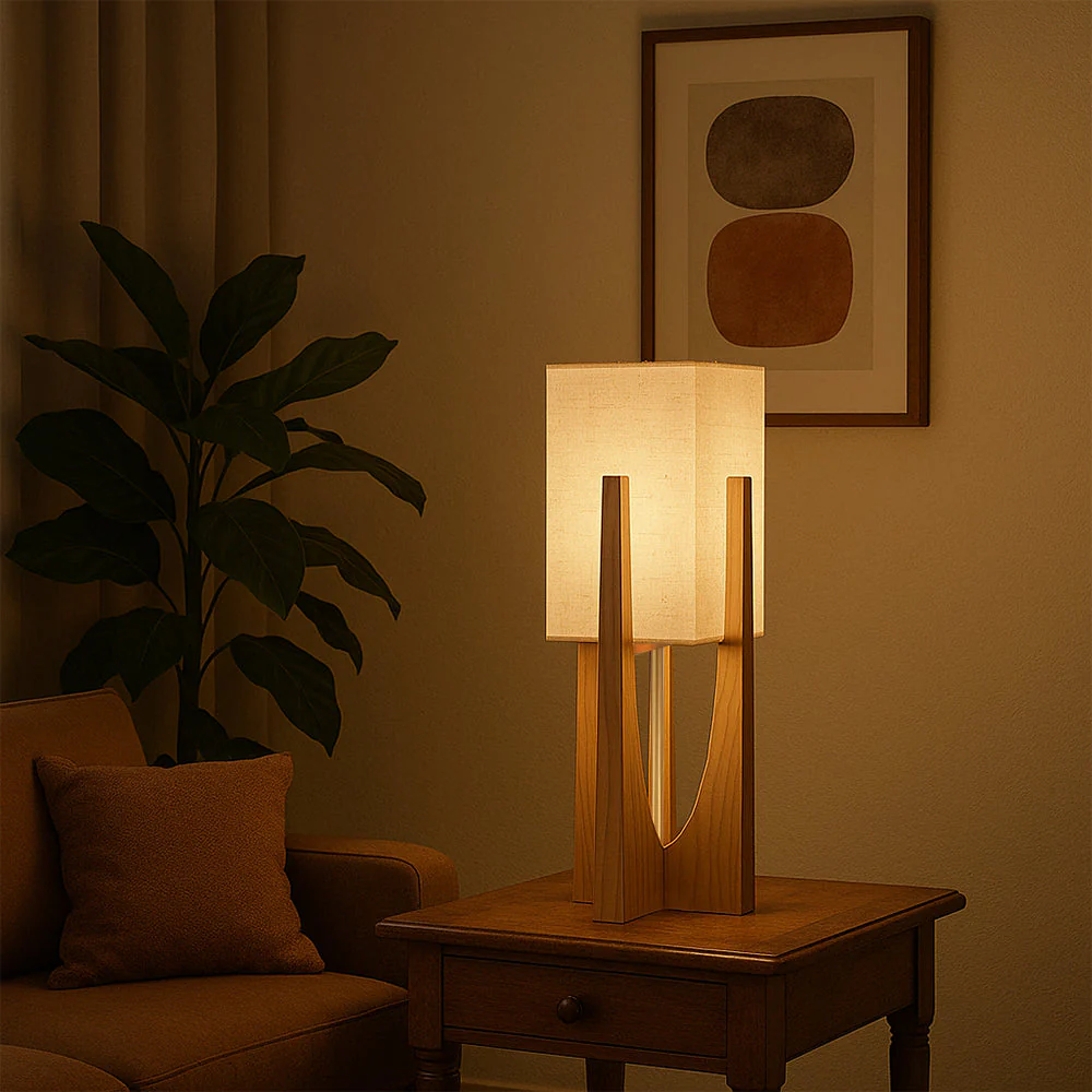 Japanse Wabi-Sabi vloerlamp | Handgemaakt | Stoffen lampenkap & houten voet