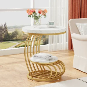Bijzettafel Rond Marmerlook | 2 Lagen met Opbergplank | Luxe Gouden Afwerking | Compact Nachtkastje